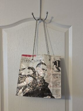 Fashion Magazine Print Tote Bag in Cream and Black